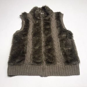 Carte Vest Womens Large L Full Zip Fur and Cable Knit Sleeveless Brown